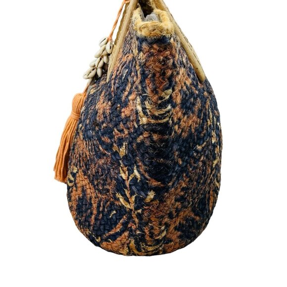 Natural Jute Woven Tote Peach Black 19”x14” Square Wood Handle Shell Tassel - Picture 6 of 16
